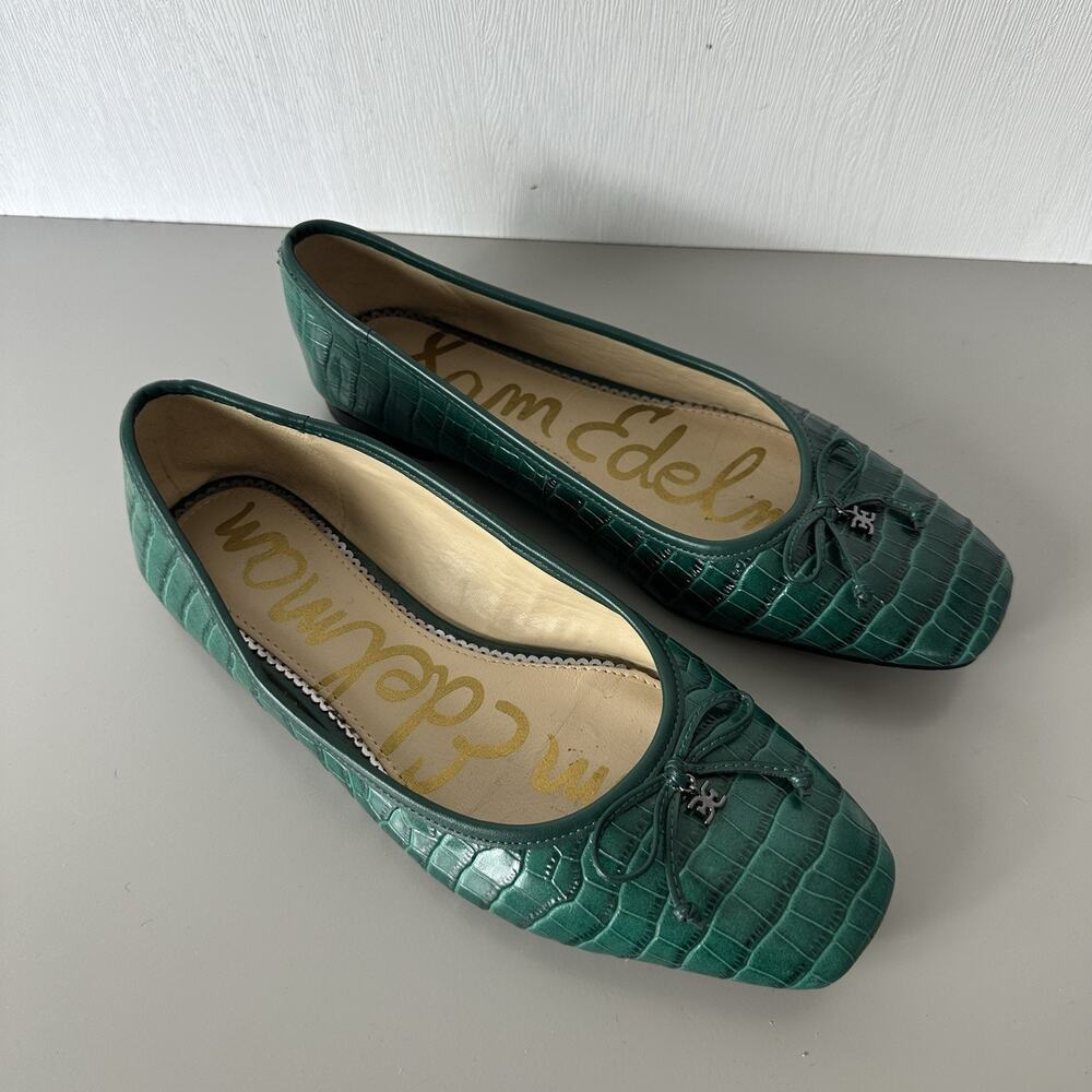Sam Edelman Shoes Womens 8M Jillie Ballet Flats Green Croc Texture Bow Preppy - Picture 2 of 9